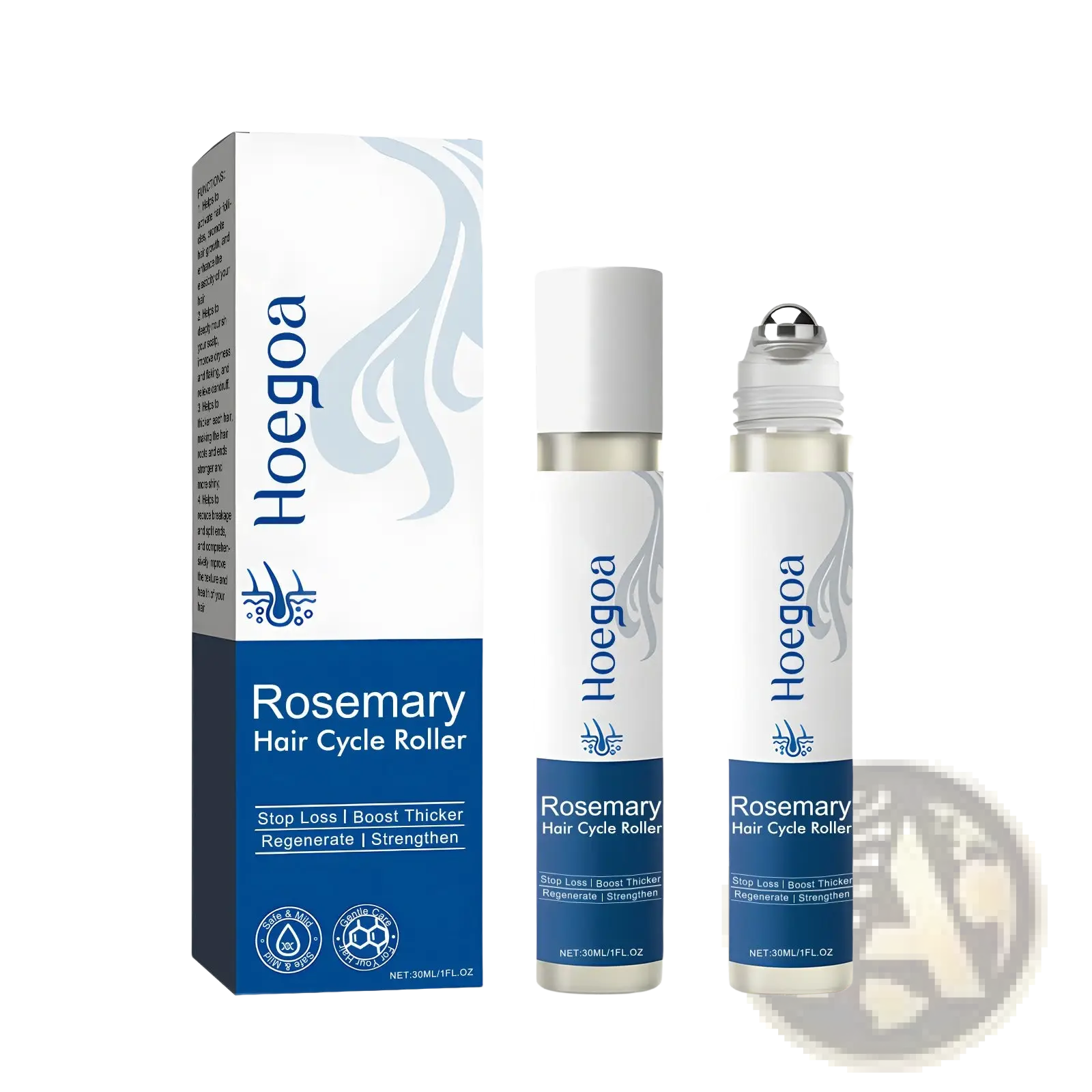Hoegoa rosemary hair growth oil roller with vitamin e in a sleek white and blue cylindrical transparent body with silver cap