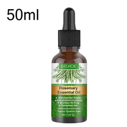 A 50ml amber glass bottle of rosemary hair essential oil with black dropper for nourishing scalp hair care