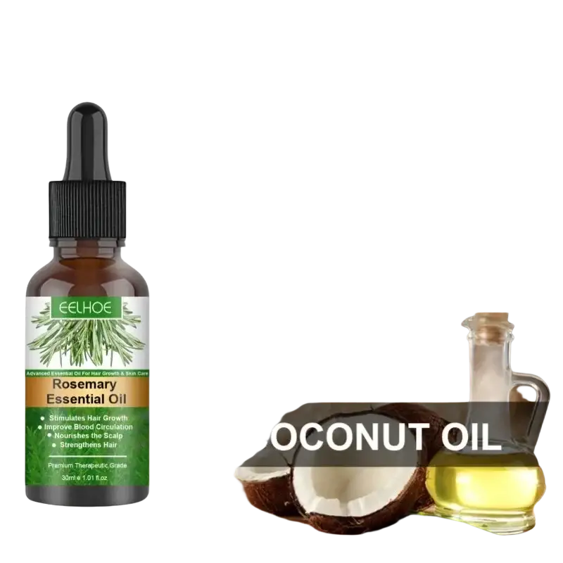 Dark amber glass bottle with black dropper cap and green label of eelhoe rosemary essential oil for rosemary hair care and scalp treatment