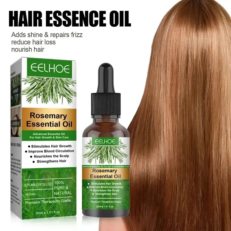 Eelhoe rosemary hair oil essential oil in a dark amber glass bottle with black dropper for nourishing scalp treatment