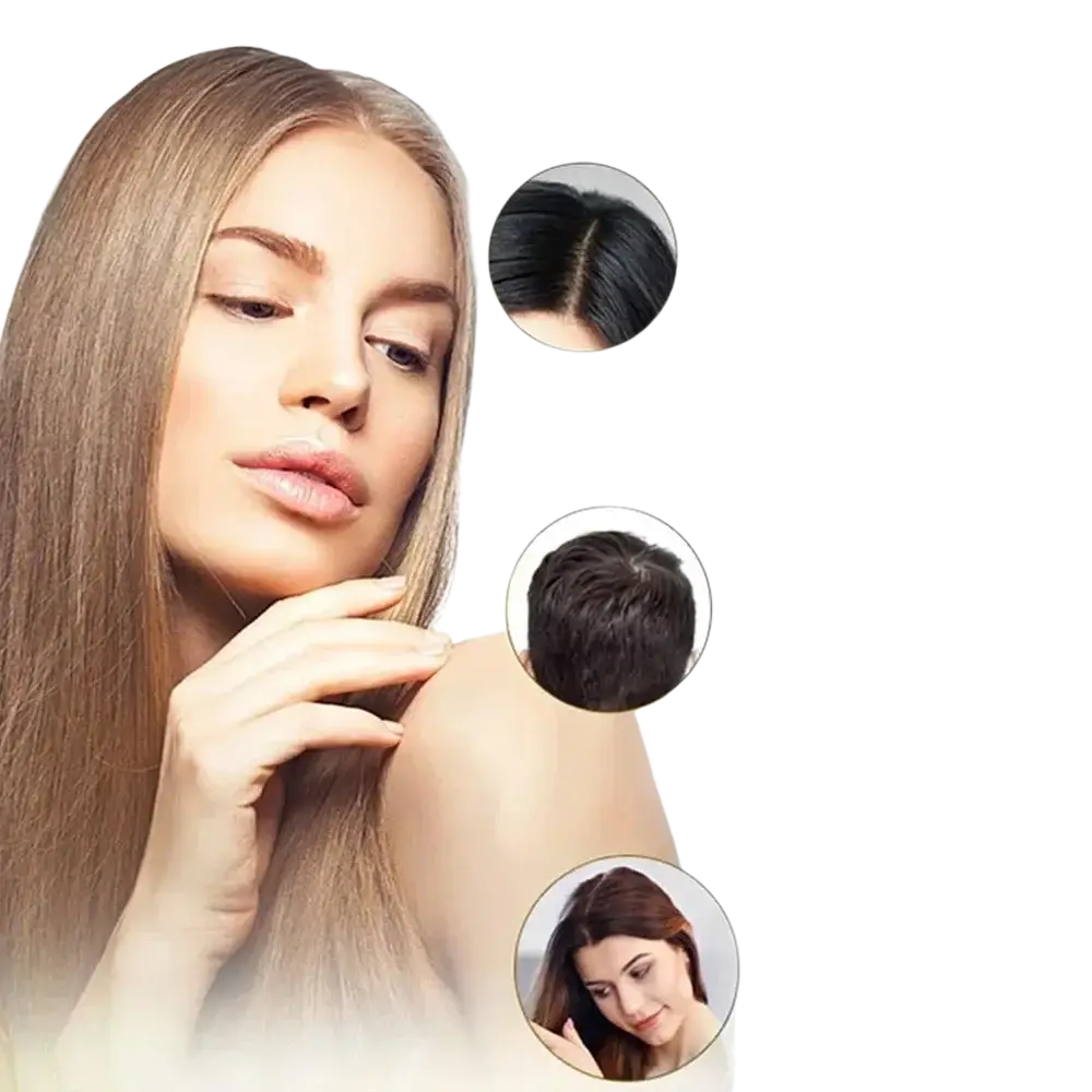 A woman with long light brown hair gently touching her shoulder using rosemary hair essential oil for hair care
