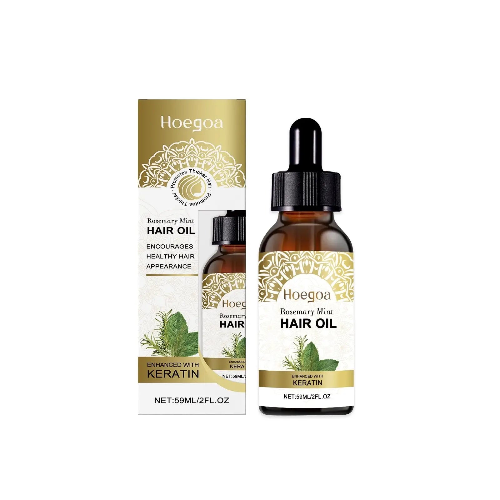 Hoegoa rosemary mint hair oil in a brown glass bottle with a black dropper cap and botanical gold and white label