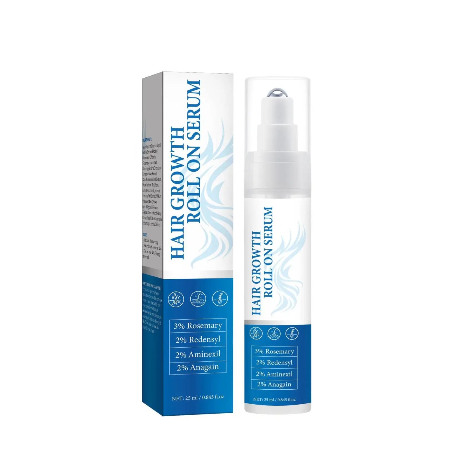 Rosemary redensyl hair growth serum roll on 25g in a white and blue clear pump bottle with matching box and rosemary ingredients
