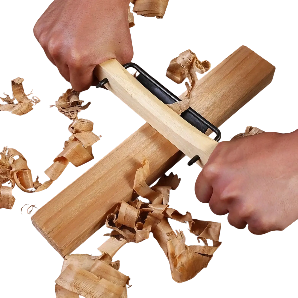 Light-colored wooden rosewood hand planer with black metal components shaving thin curls from lumber
