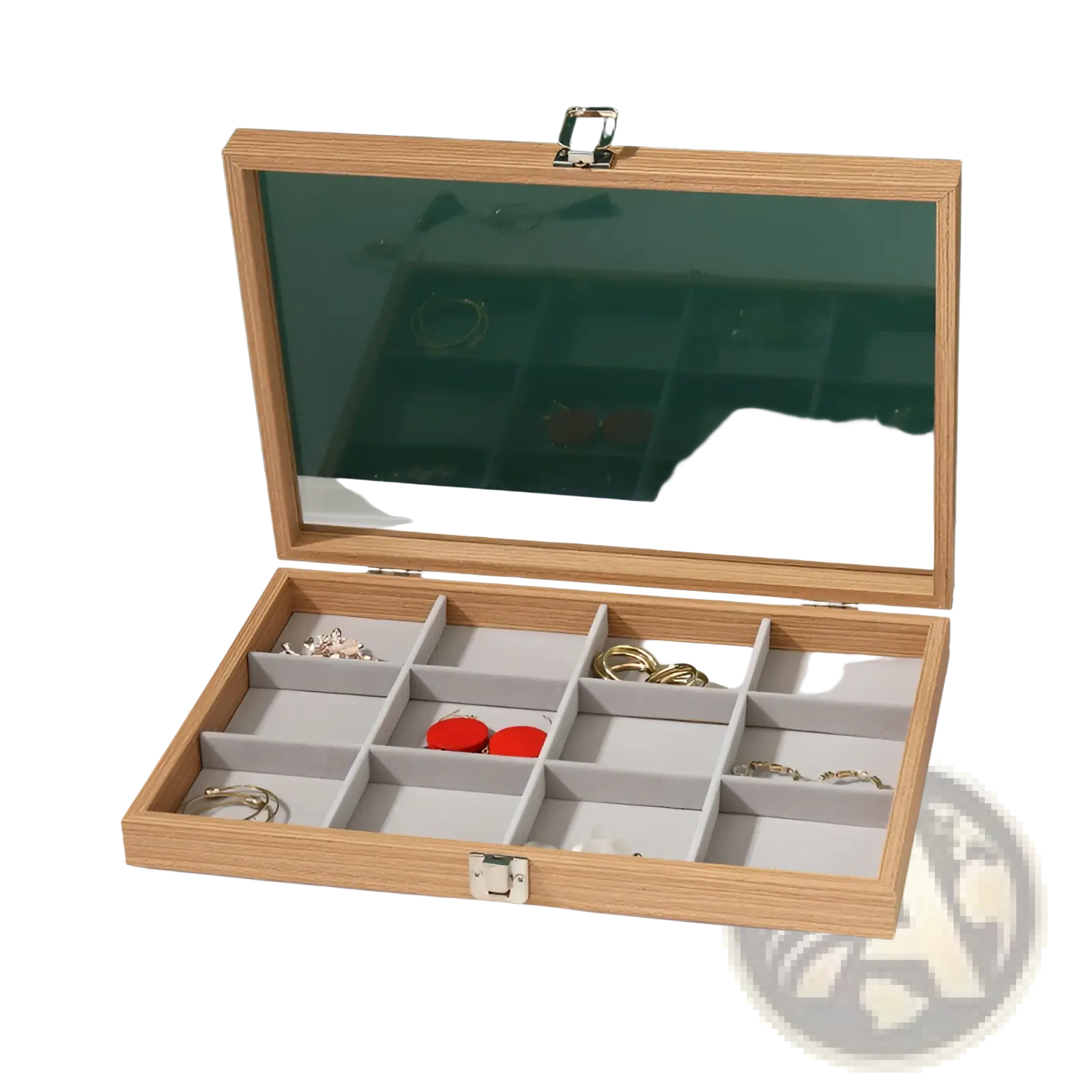 Rosewood jewelry display box with light wood finish glass lid and gray felt-lined compartments for organizing jewelry
