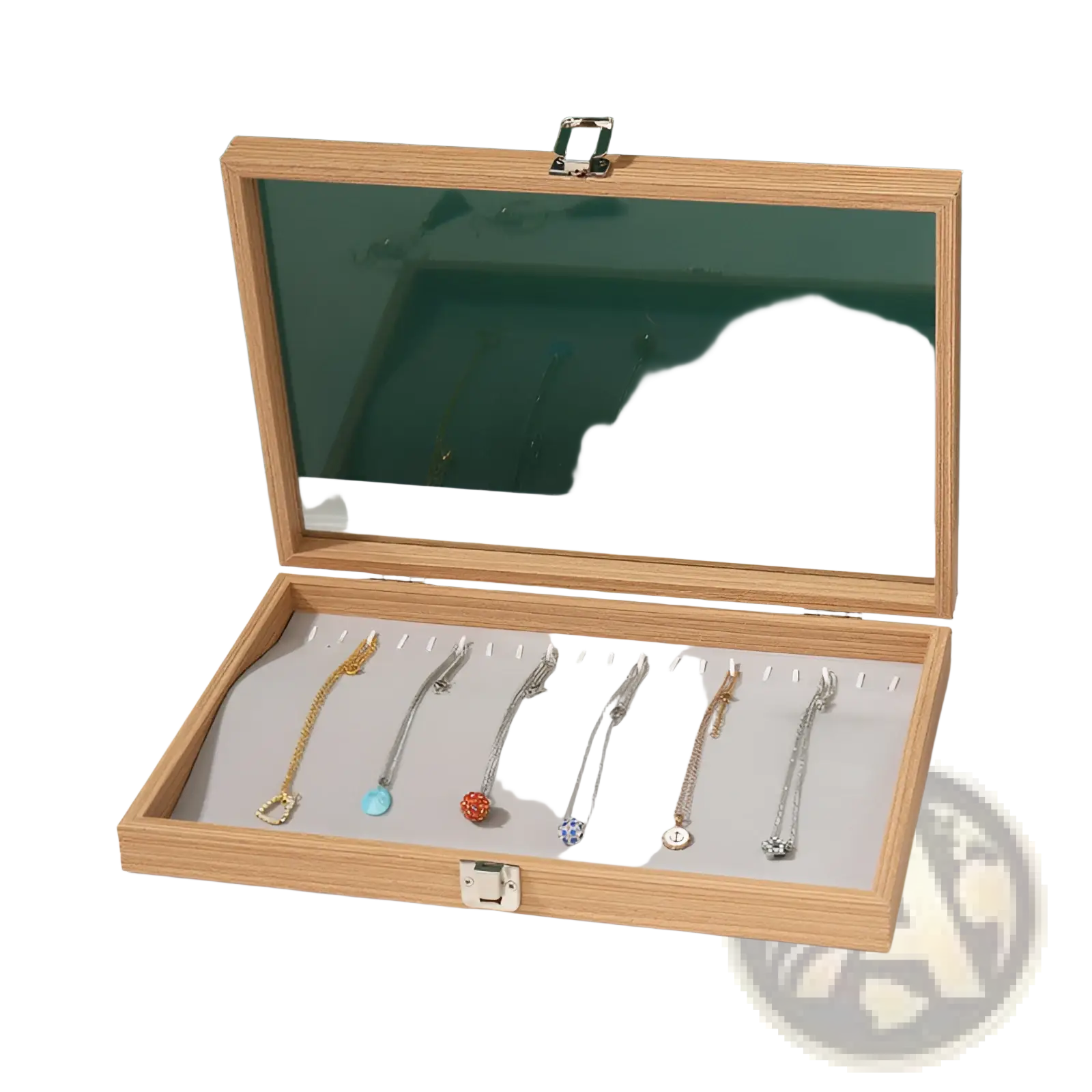 Rosewood jewelry display box with glass lid light wood finish silver latches showing six necklaces on pegs inside