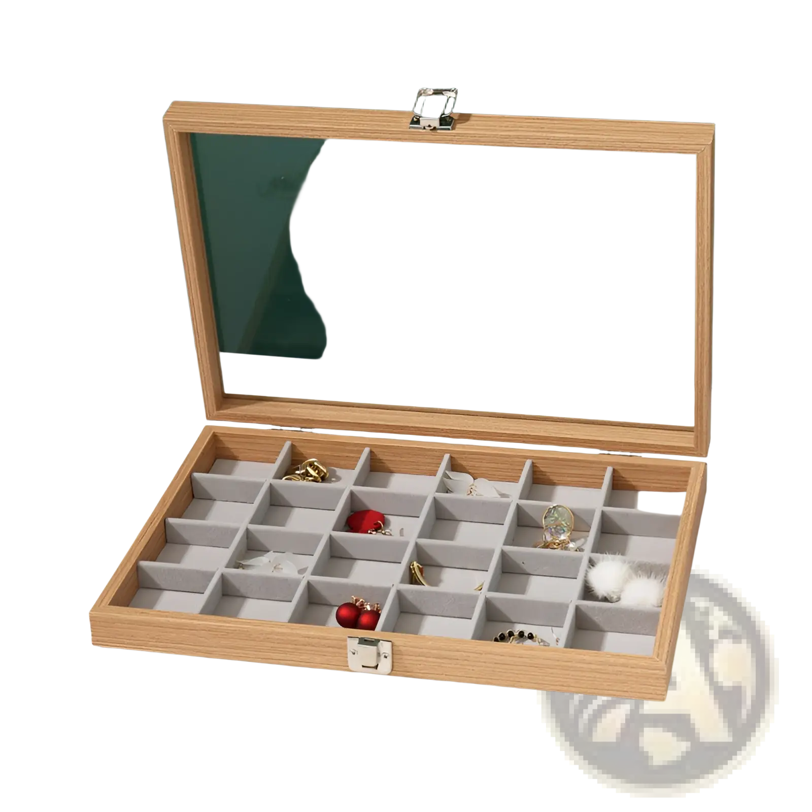 Rosewood jewelry display box with glass lid featuring light wood finish and gray felt-lined compartments for organization
