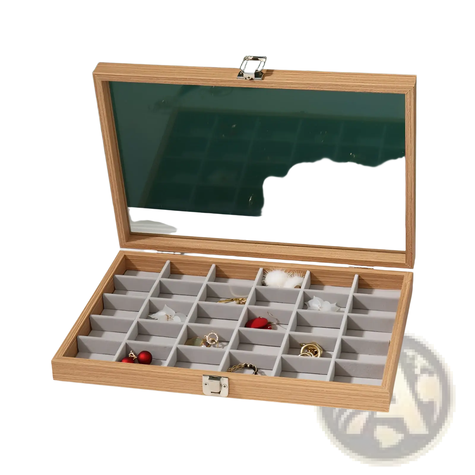 Rosewood jewelry display box with light wood finish, glass lid, and gray felt-lined rectangular compartments