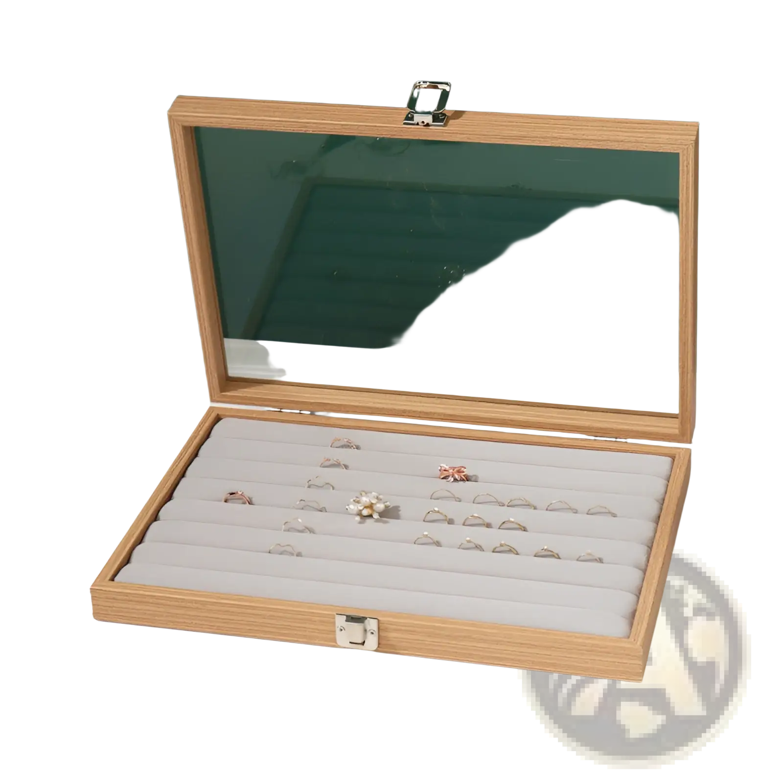 Rosewood jewelry display box with glass lid featuring light wood finish silver clasps and gray felt-lined ring compartments