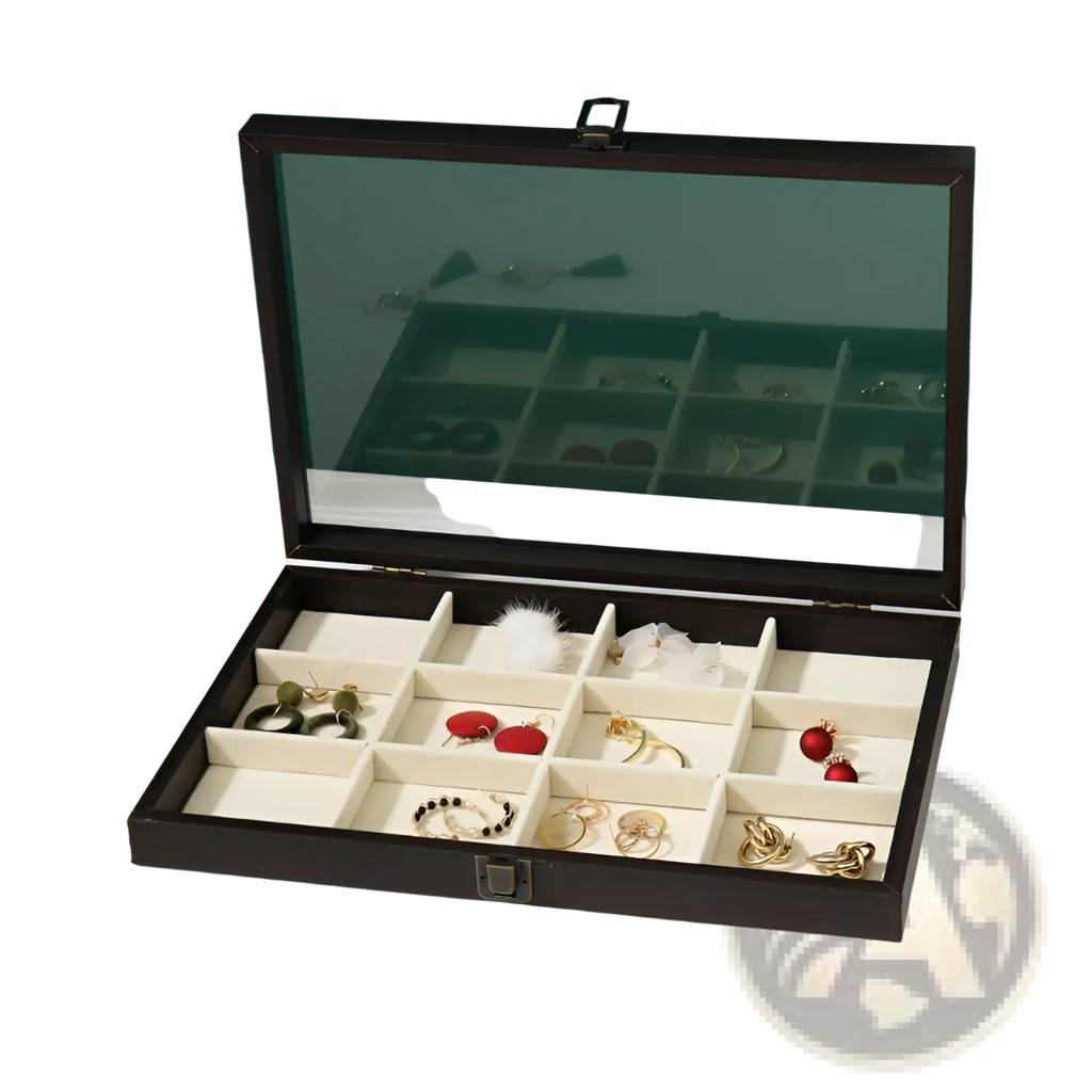 Rosewood jewelry display box with glass lid in dark brown wood and cream velvet compartments for organizing jewelry