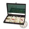 Rosewood jewelry display box with glass lid in dark brown wood and cream velvet compartments for organizing jewelry