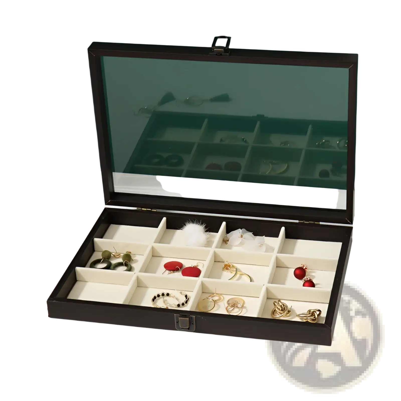 Rosewood jewelry display box with glass lid in dark brown wood and cream velvet compartments for organizing jewelry