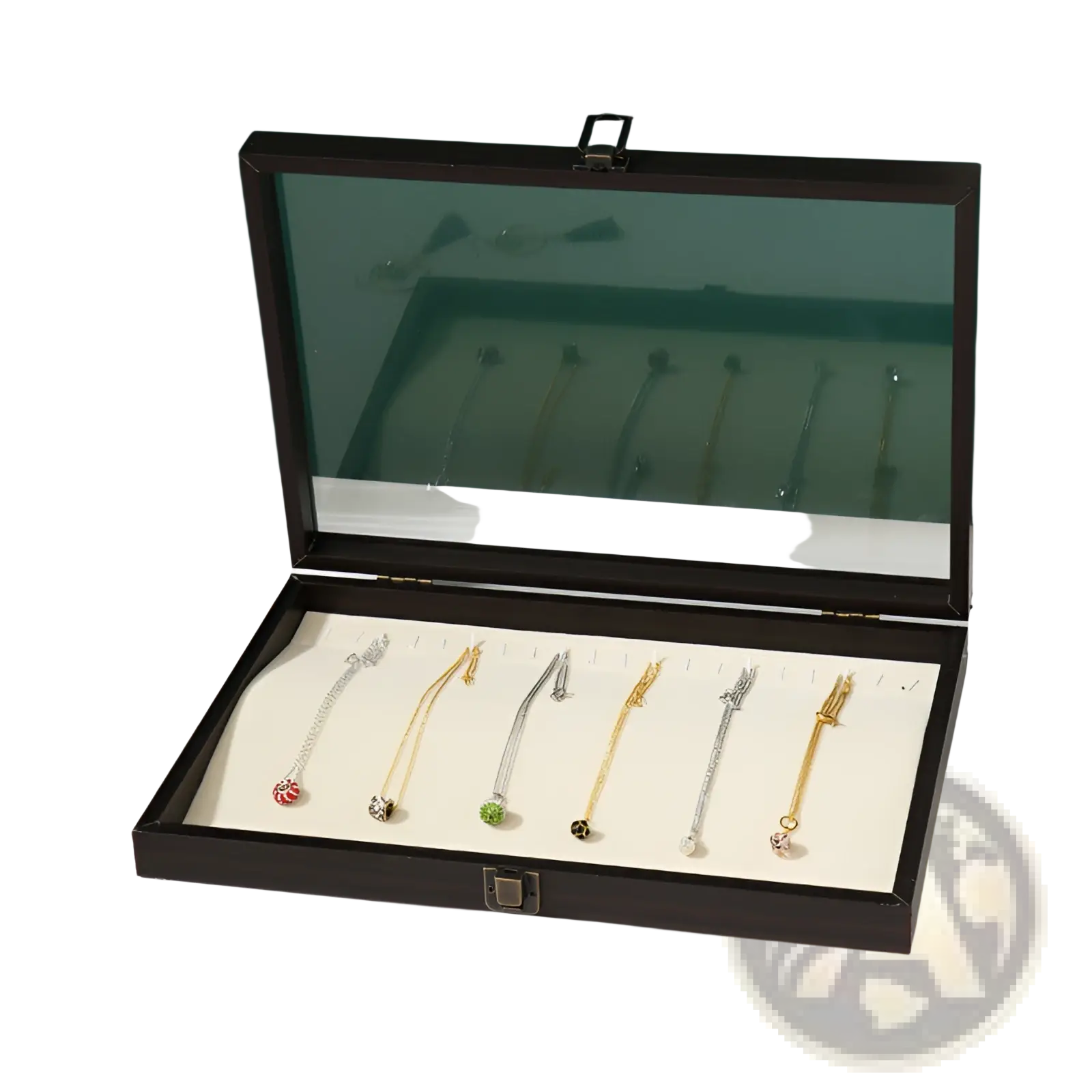 Black wooden rosewood jewelry display box with glass lid and cream interior showcasing six silver and gold necklaces