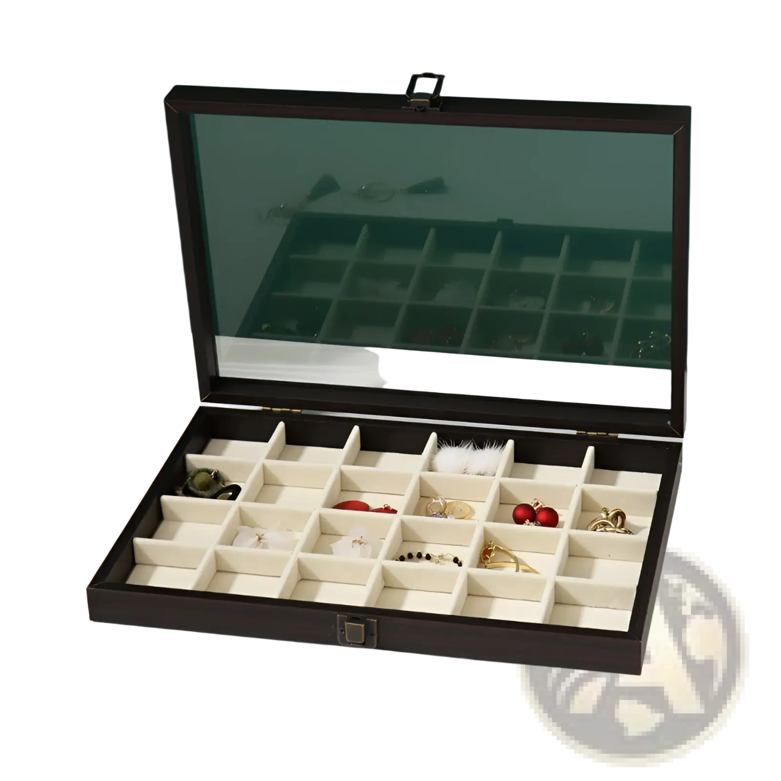 Rosewood jewelry display box with glass lid dark brown wood and cream velvet compartments for organized storage