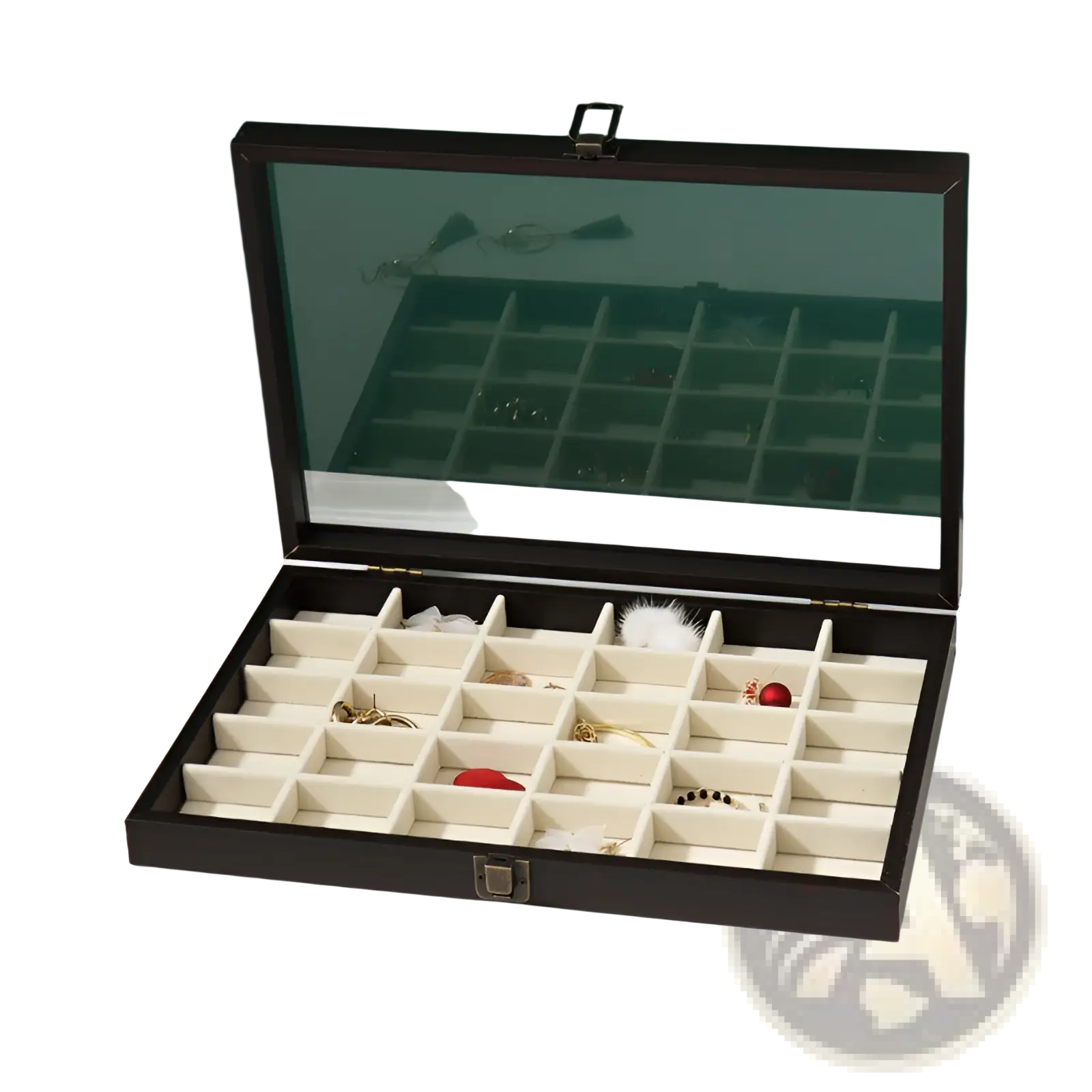 Dark brown rosewood jewelry display box with glass lid and cream velvet compartments for elegant storage