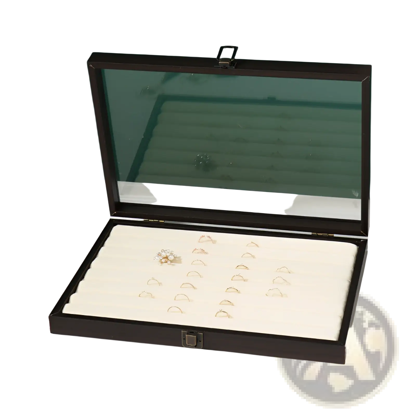 Black rosewood jewelry display box with glass lid and cream velvet interior holding multiple rings