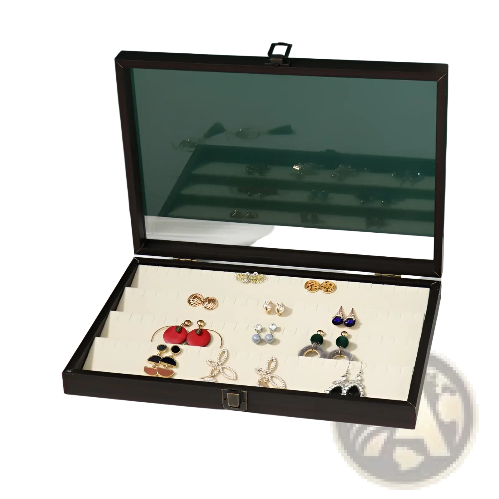 Rosewood jewelry display box with glass lid featuring dark brown wood and cream foam earring inserts
