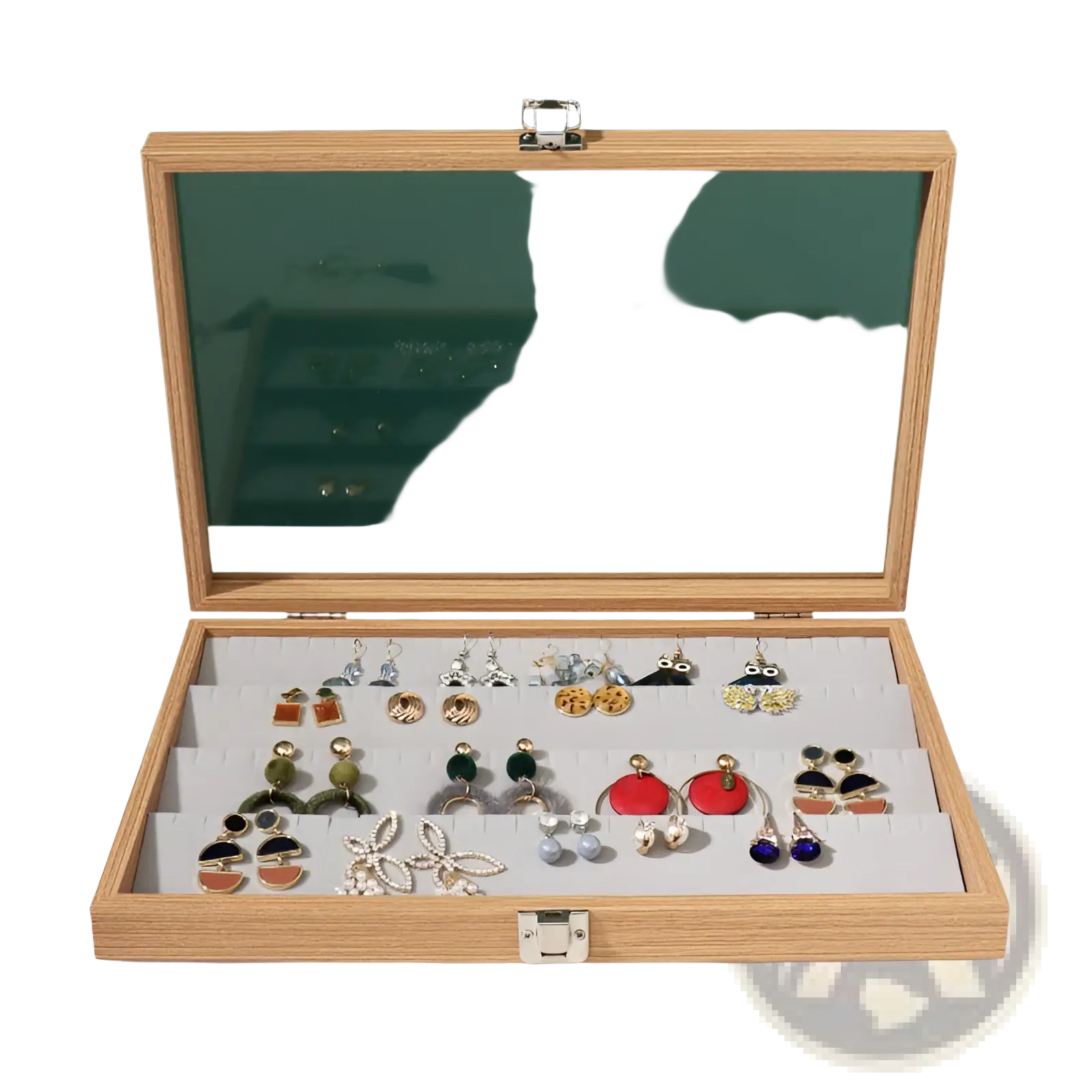 Rosewood jewelry display box with light wood finish rectangular shape glass lid and silver metal clasps