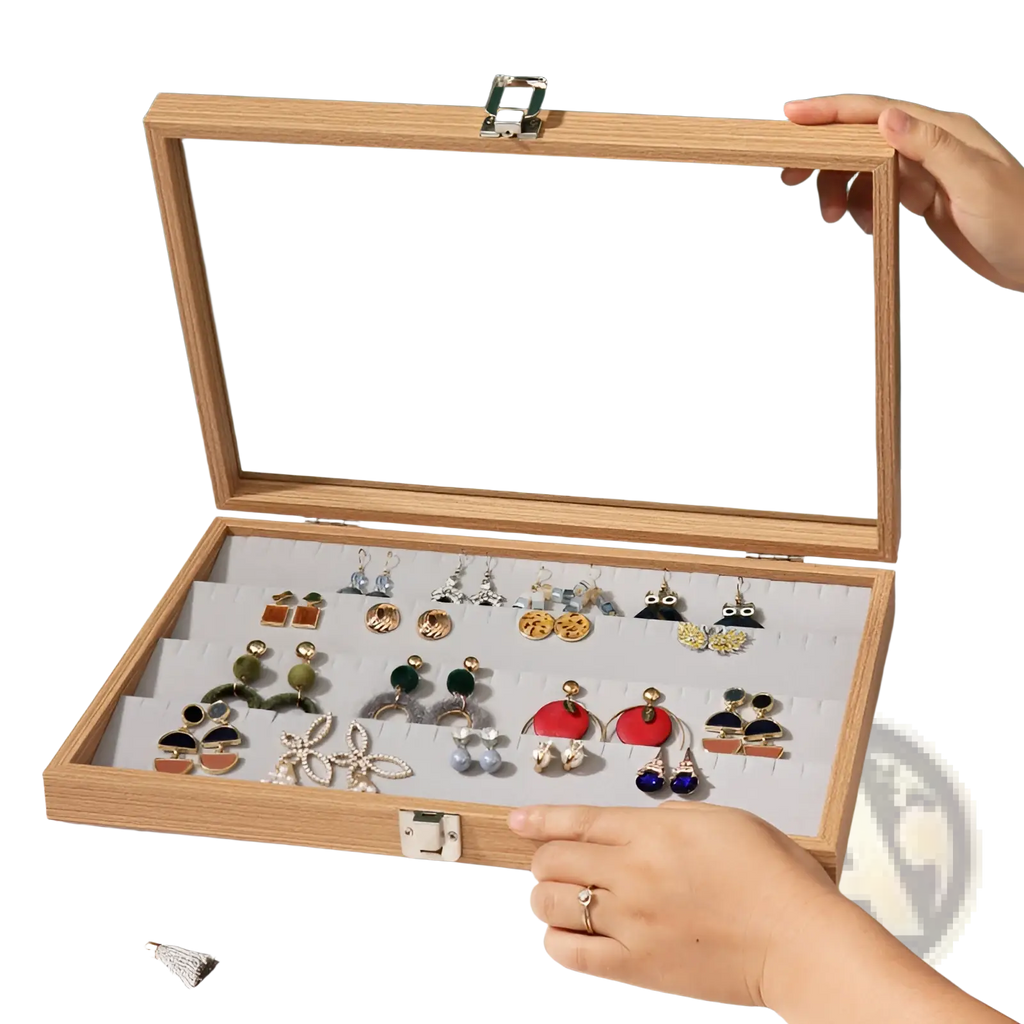 Rosewood jewelry display box with glass lid light wood finish silver latches and gray padded earring compartments