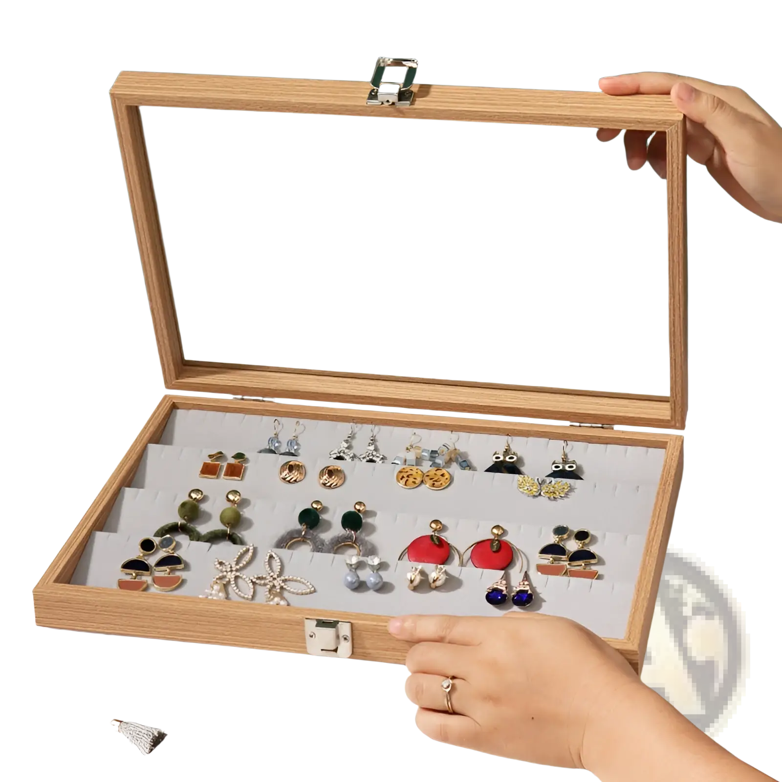 Rosewood jewelry display box with glass lid light wood finish silver latches and gray padded earring compartments