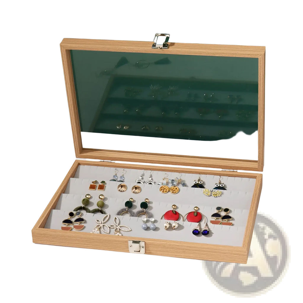Rosewood jewelry display box with glass lid and silver latches featuring light wood finish and white foam earring inserts