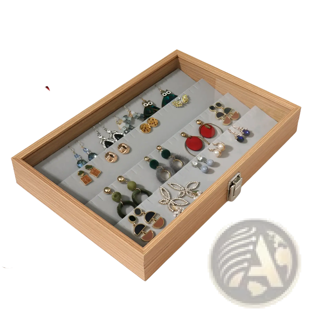 Light wood rectangular jewelry display box with clear glass lid and silver latch for elegant storage and presentation