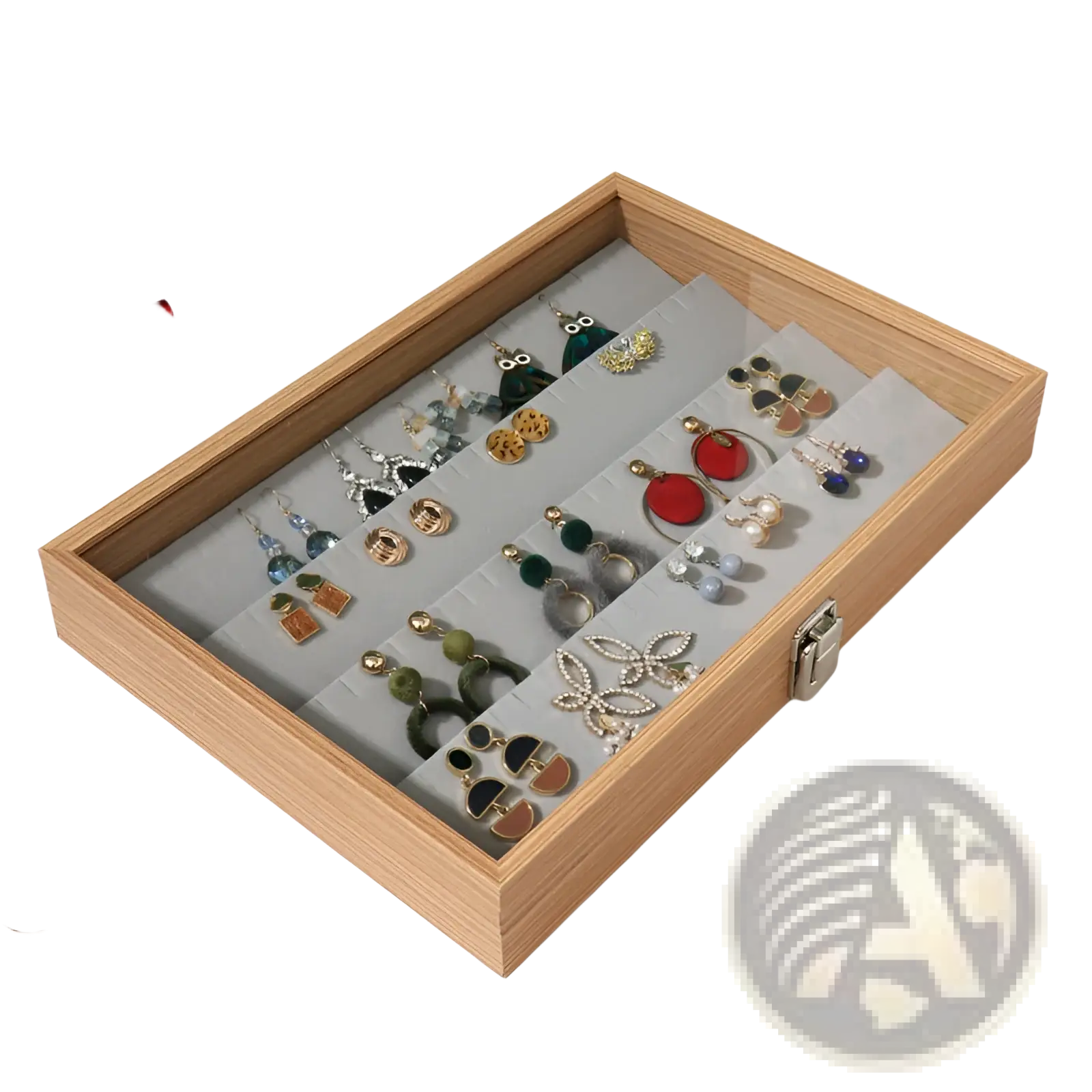 Light wood rectangular jewelry display box with clear glass lid and silver latch for elegant storage and presentation
