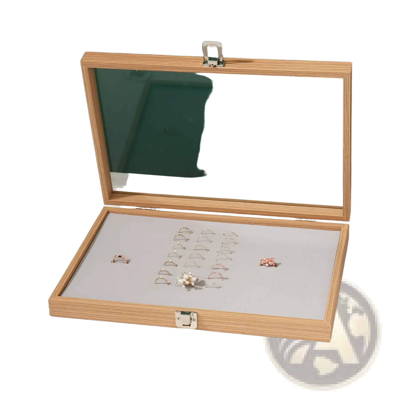 Rosewood jewelry display box with glass lid features light wood frame silver clasps and gray felt interior for rings