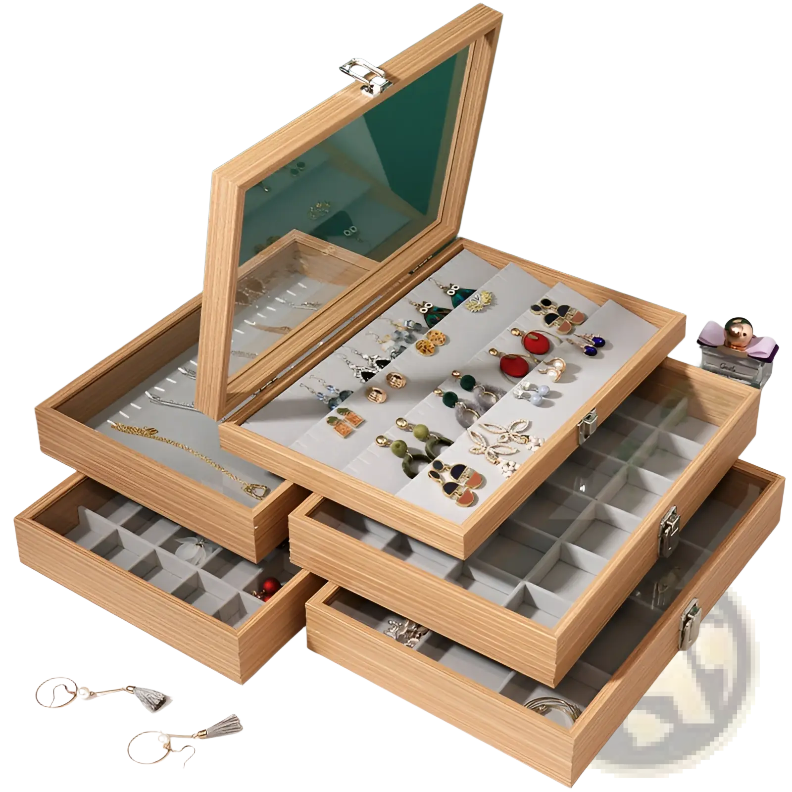 Rosewood jewelry display box with glass lid featuring stacked wooden design and gray felt lined drawers for organization