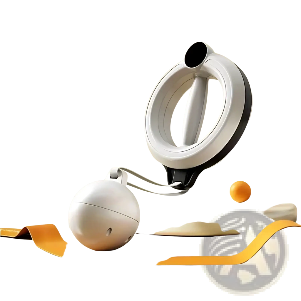 White and black circular rotary handheld arm fitness machine with spherical weight attached by strap for strength training