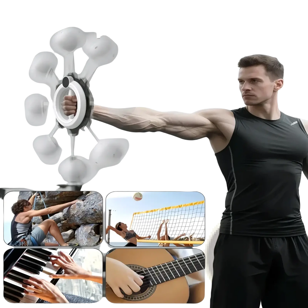 Rotary handheld arm fitness machine with black and white circular grip and radial suction cups for strength training