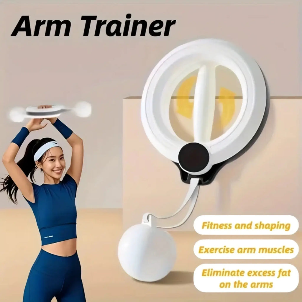 Rotary handheld arm fitness machine in white and black with circular handle adjustable resistance ball and wrist strap