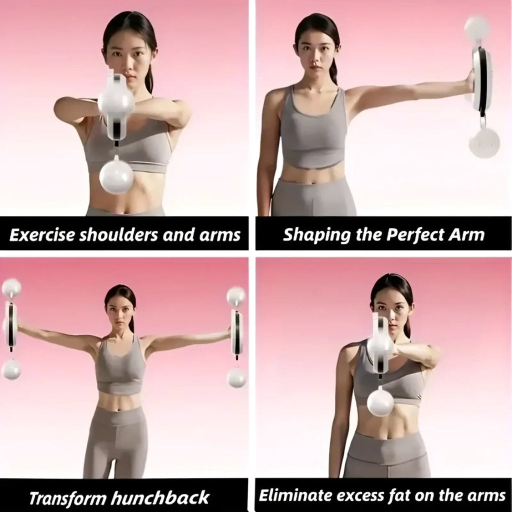 Rotary handheld arm fitness machine with white spherical dumbbell handles black grip bands and silver metallic accents