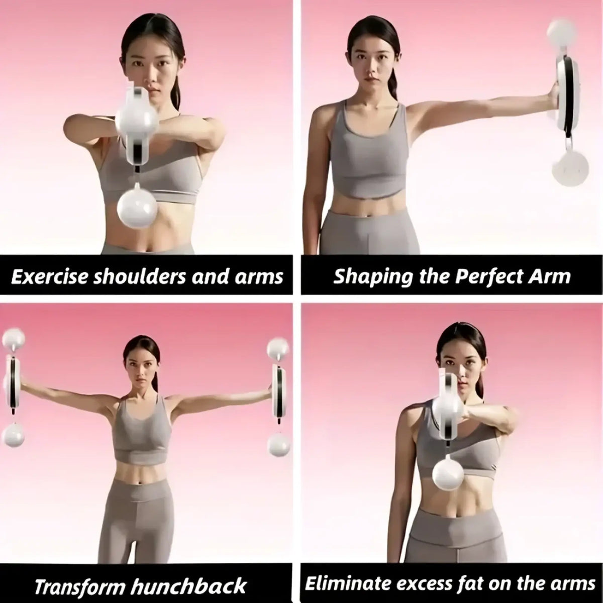 Rotary handheld arm fitness machine with white spherical dumbbell handles black grip bands and silver metallic accents