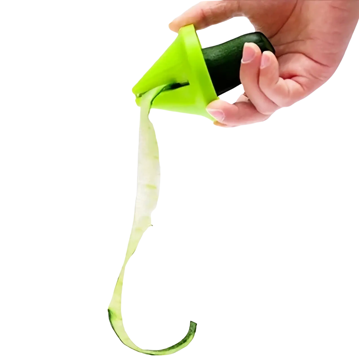Bright green plastic rotary vegetable grater and spiral slicer peeling skin from dark green cucumber