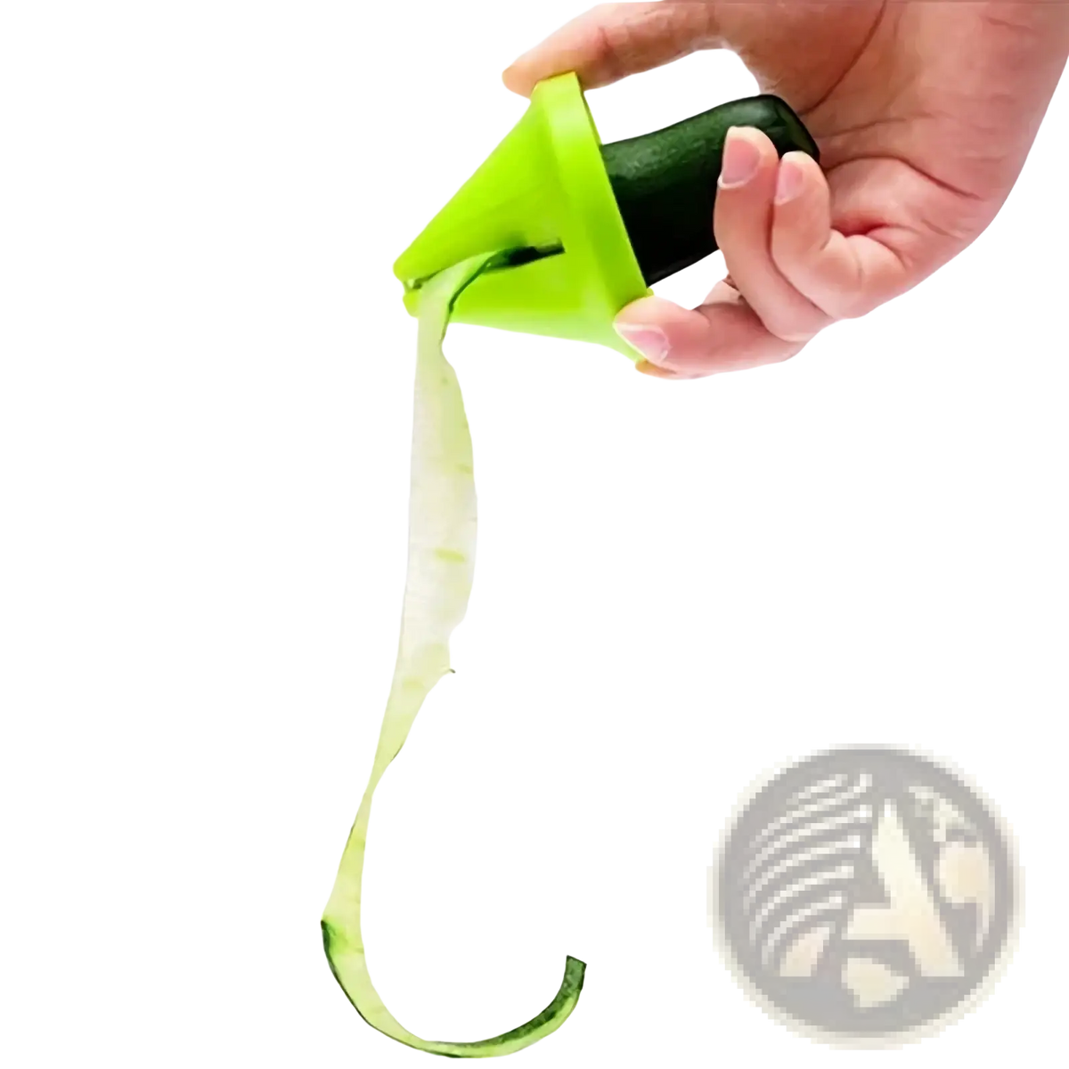 Bright green plastic rotary vegetable grater and spiral slicer peeling skin from dark green cucumber