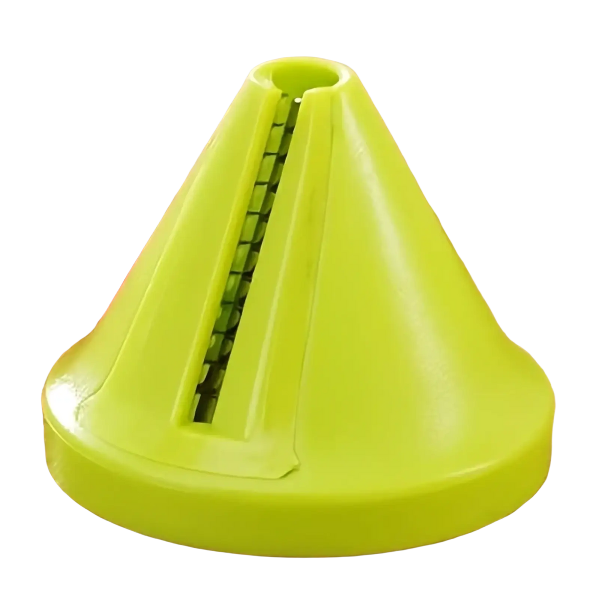 Bright lime green plastic rotary vegetable grater and spiral slicer with conical shape and vertical slicing slot
