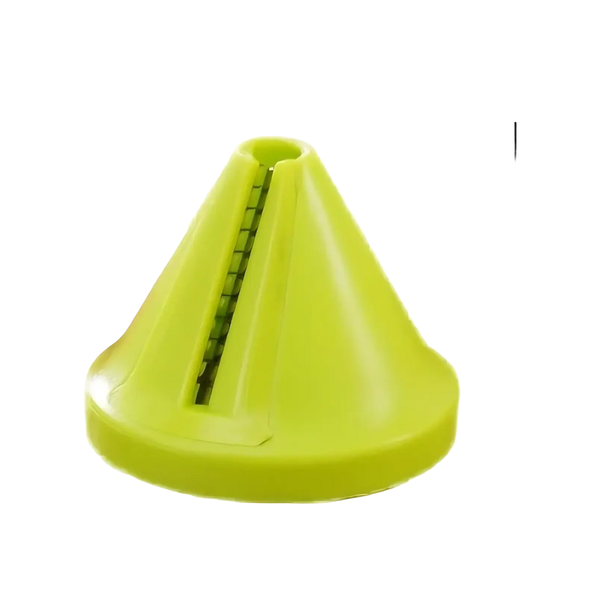 Bright lime green plastic rotary vegetable grater and spiral slicer with a cone shape and central slicing slot