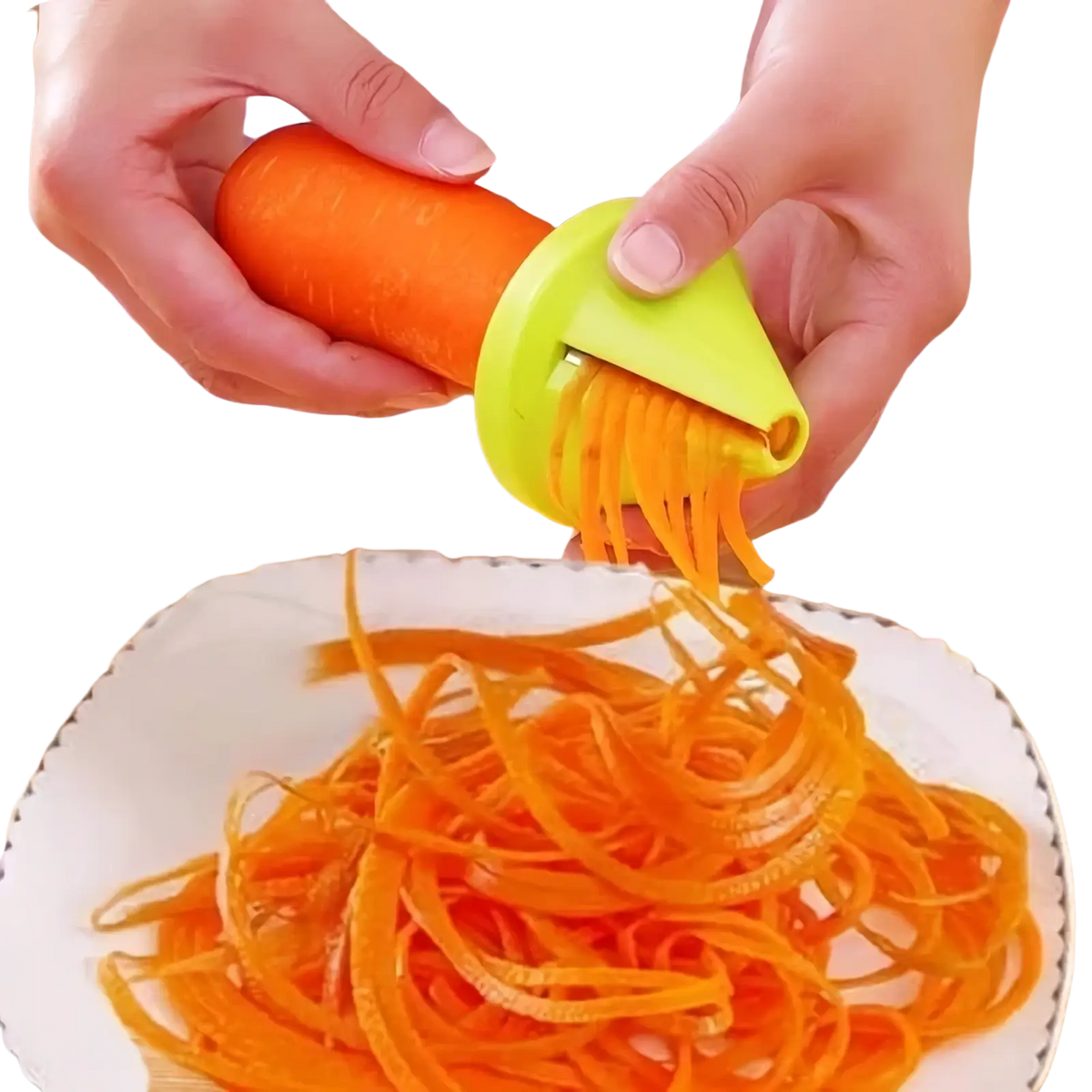 Bright lime green plastic rotary vegetable grater and spiral slicer in use with a carrot spiralizing demonstration