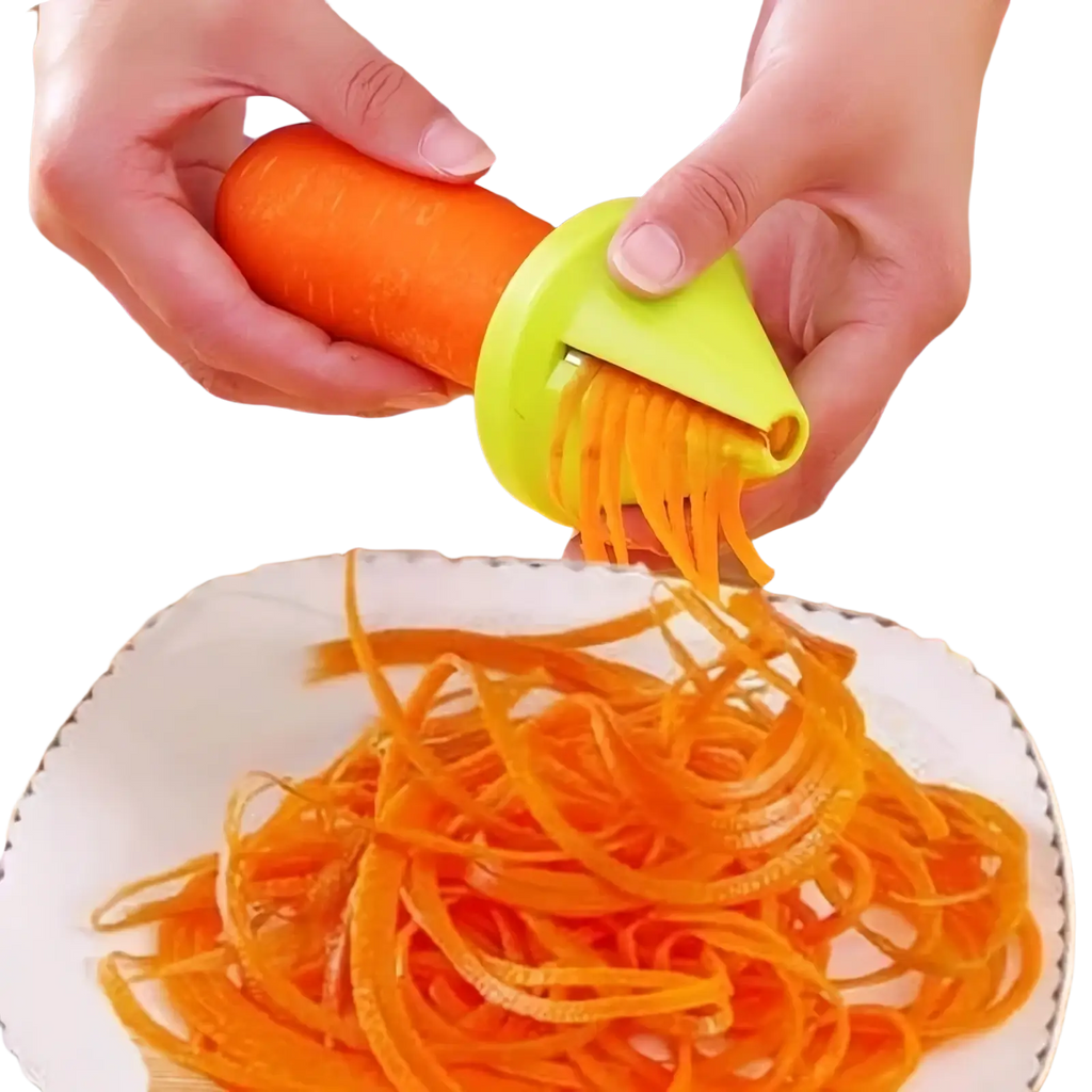 Bright lime green plastic rotary vegetable grater and spiral slicer in use with a carrot spiralizing demonstration