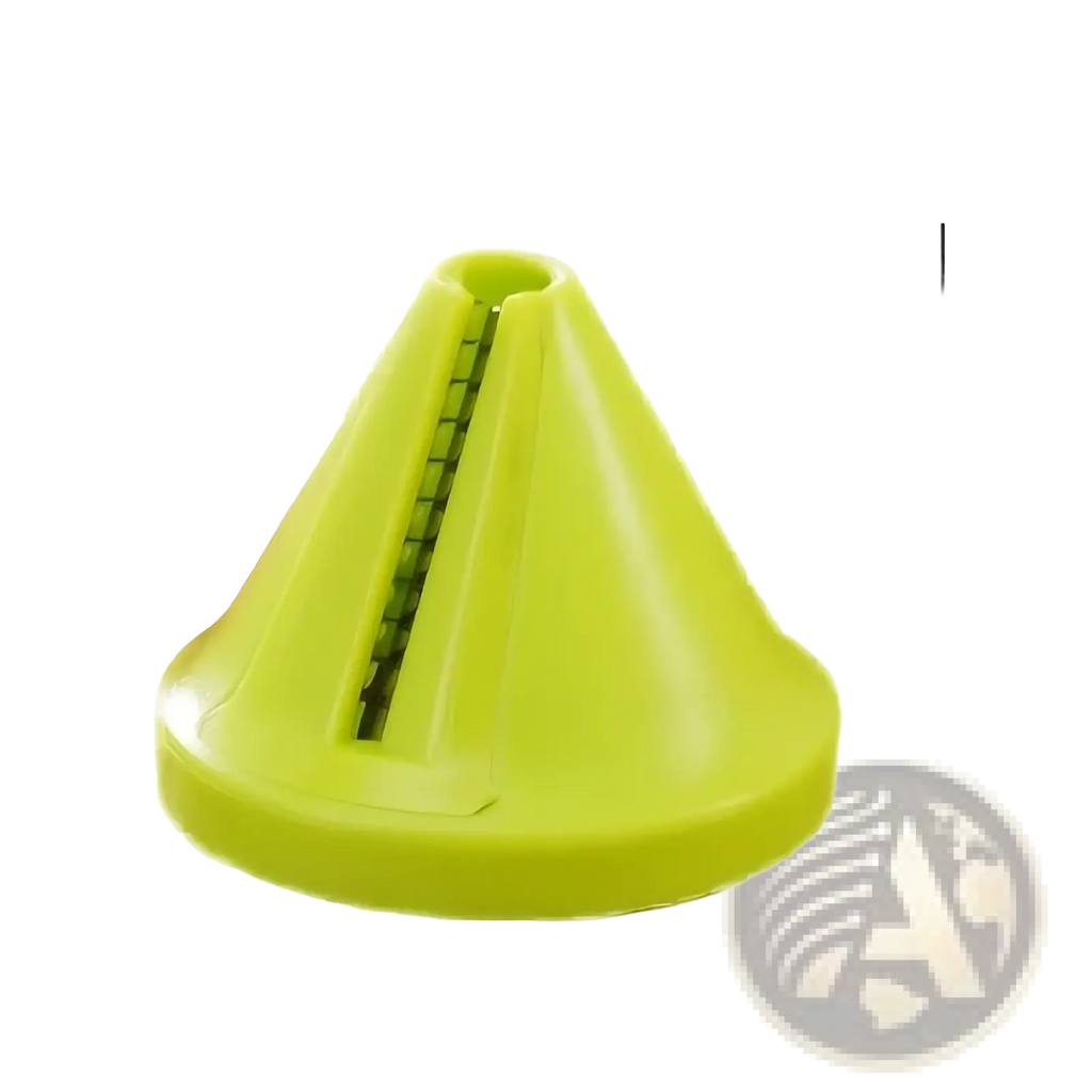 Bright lime green plastic rotary vegetable grater and spiral slicer with a cone shape and central slicing slot