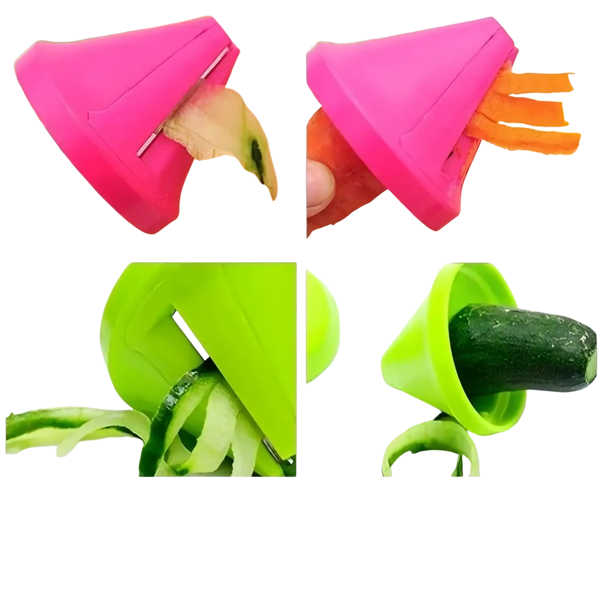 Rotary vegetable grater and spiral slicer with bright pink and lime green plastic conical peeler for efficient peeling
