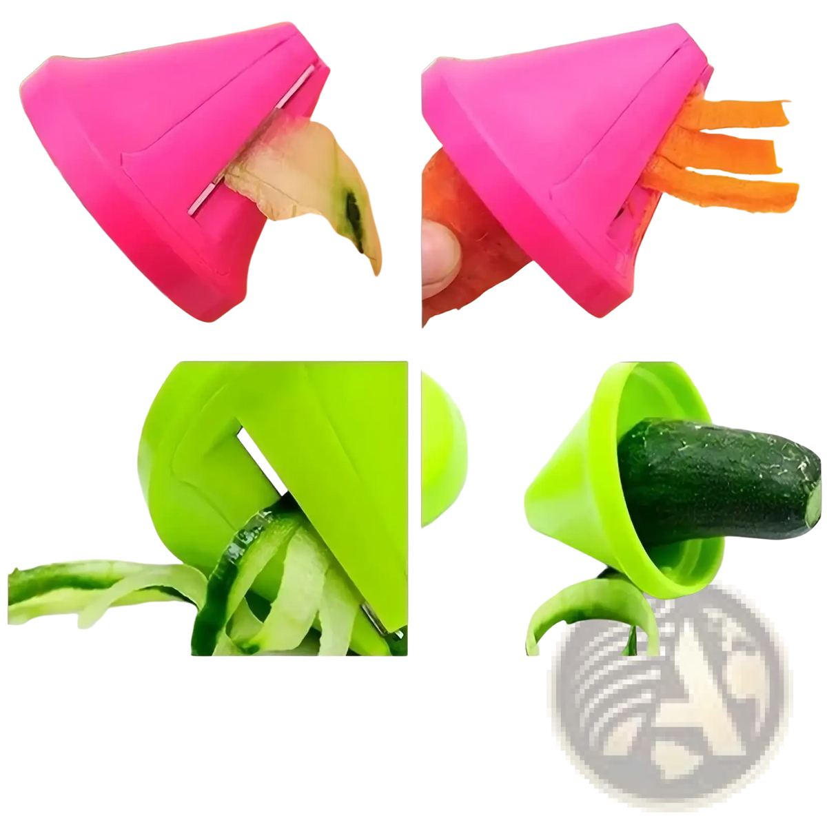 Rotary vegetable grater and spiral slicer with bright pink and lime green plastic conical peeler for efficient peeling