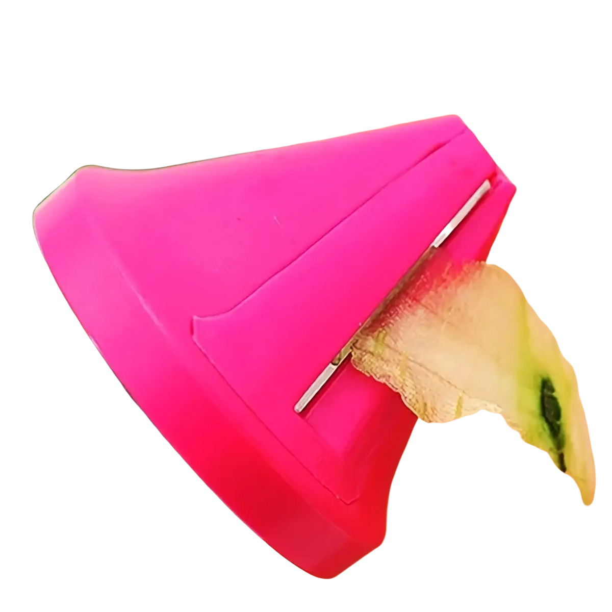 Rotary vegetable grater and spiral slicer featuring a bright pink plastic cucumber peeler with a metallic blade peeling skin from a green cucumber