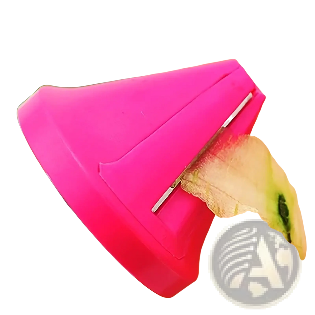 Rotary vegetable grater and spiral slicer featuring a bright pink plastic cucumber peeler with a metallic blade peeling skin from a green cucumber