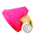 Rotary vegetable grater and spiral slicer featuring a bright pink plastic cucumber peeler with a metallic blade peeling skin from a green cucumber