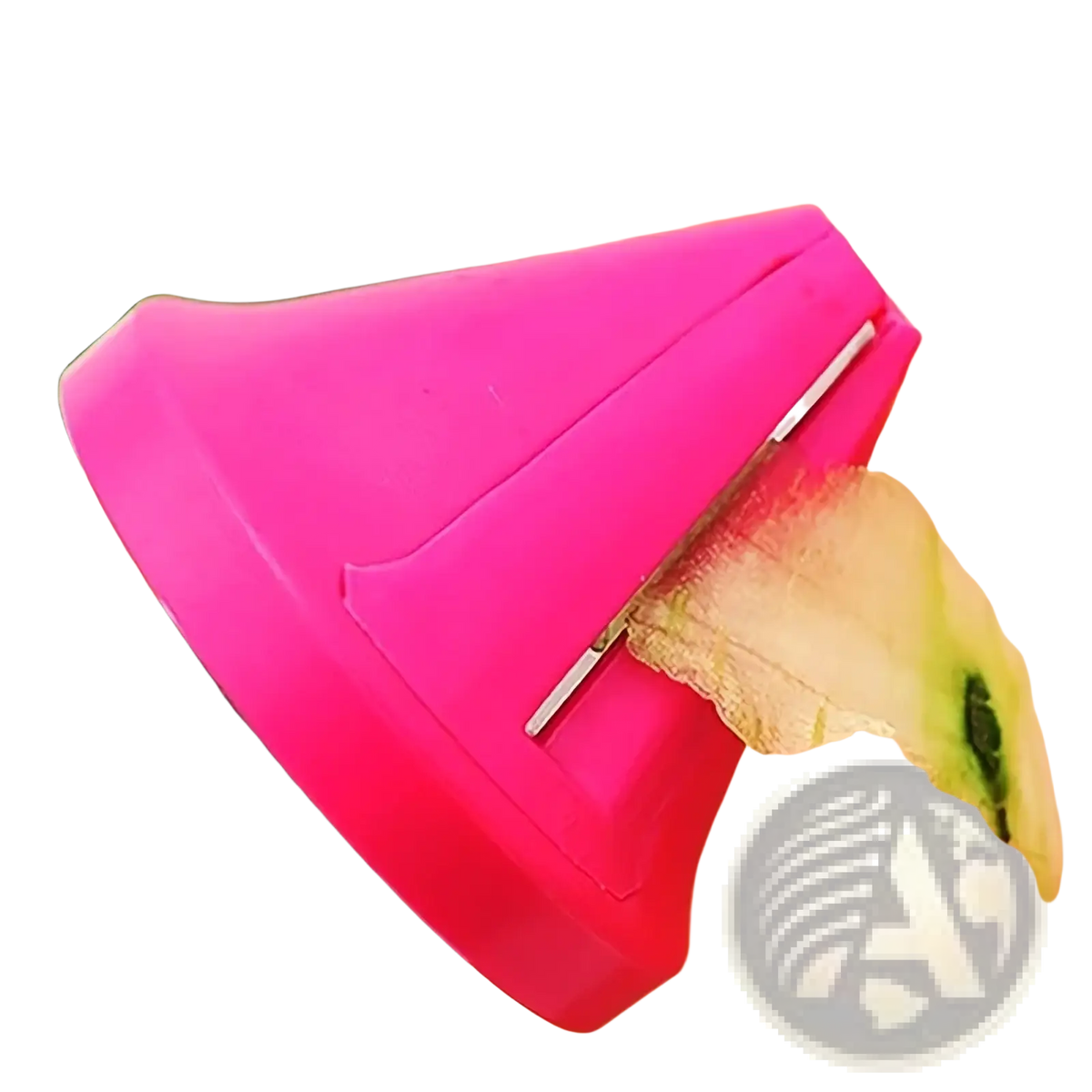 Rotary vegetable grater and spiral slicer featuring a bright pink plastic cucumber peeler with a metallic blade peeling skin from a green cucumber
