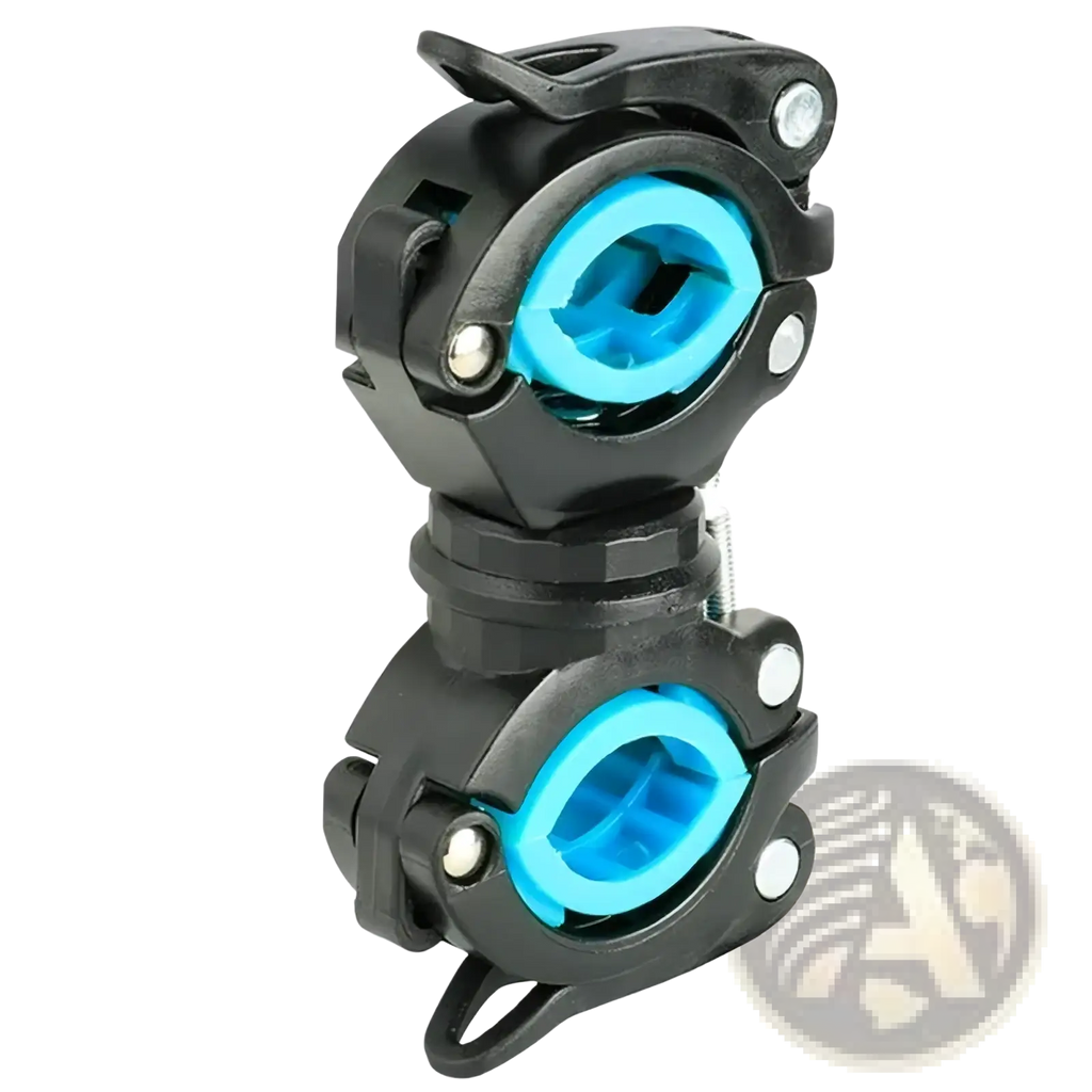 Rotatable bicycle flashlight mount holder with black and blue adjustable clamps for secure handlebar attachment