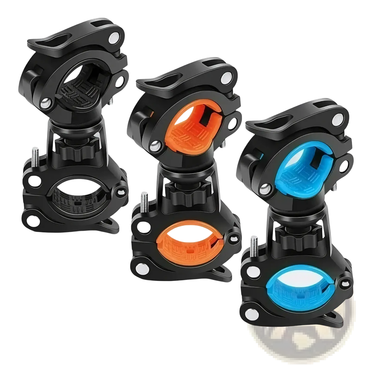 Black rotating dual-port bicycle flashlight mount holder with orange and blue accent rings for secure attachment