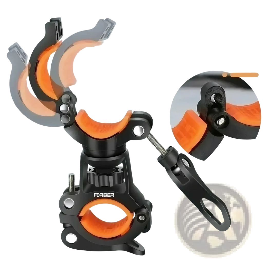 Rotatable bicycle flashlight mount holder with black and orange adjustable clamps and branded forever logo on handlebar mount